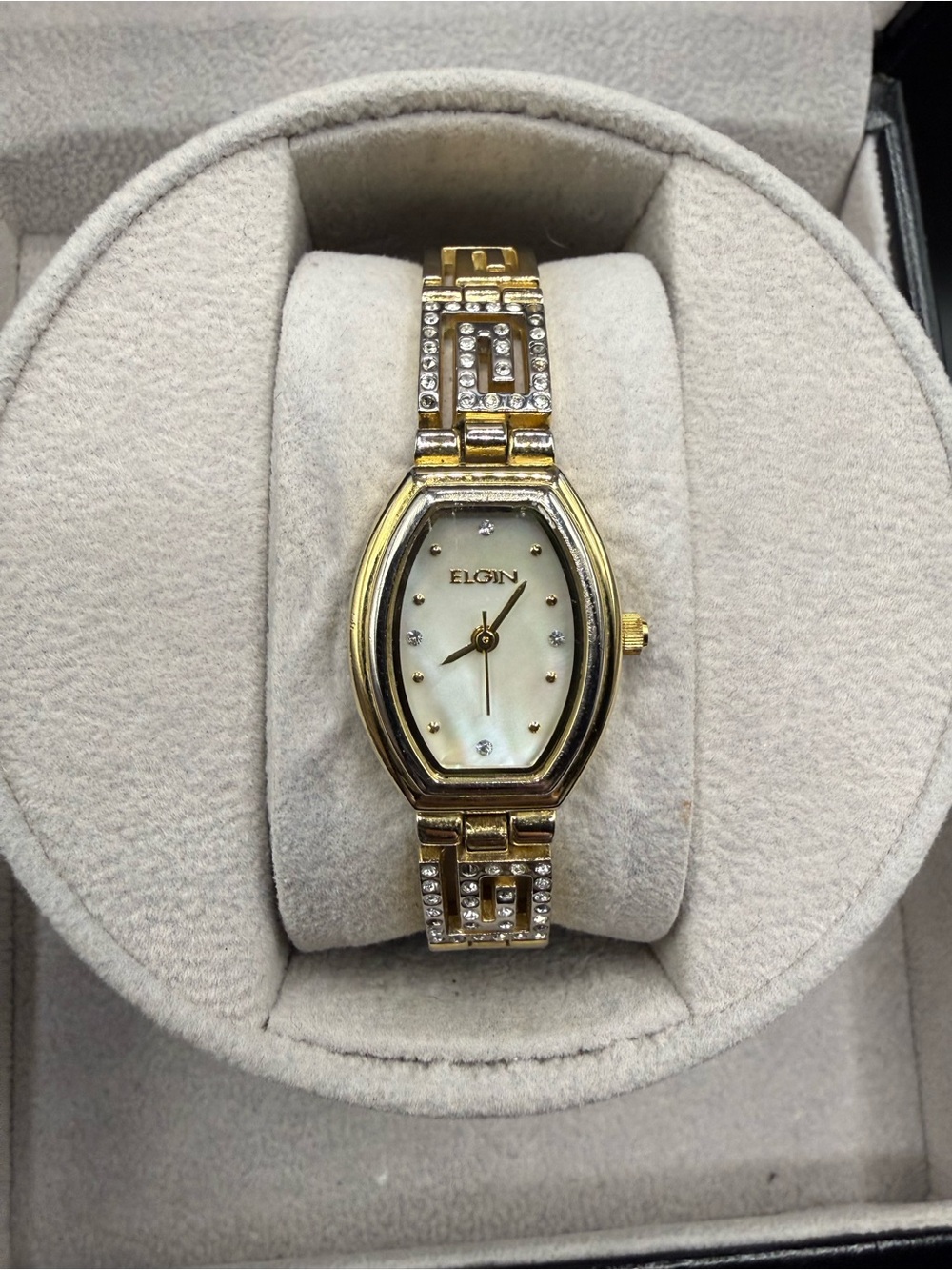 Elgin Womens Gold Watch EG8092ST MOP Dial Greek Key Bracelet Missing Gems 5.91in